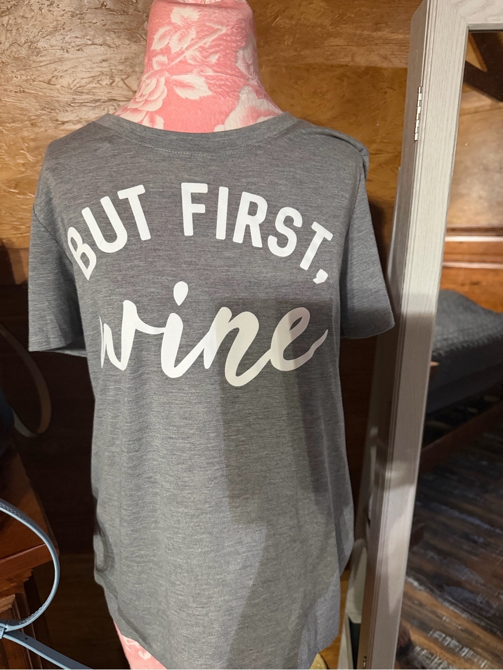 But First, Wine Gray Graphic Tee - Women's Short Sleeve Tee